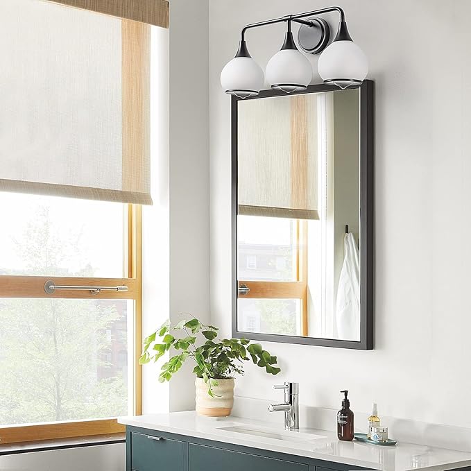 Black Bathroom Light Fixtures 3-Lights Vanity Lights with Milky White Frosted Glass Shade Bathroom Vanity Light 22.4 inch Wall Sconce Lighting Bath(Exclude E26 Bulb)