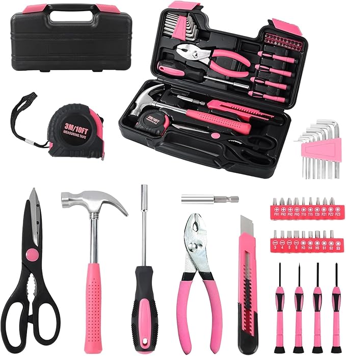 39-Piece Household Tool Set in - Perfect for Home, Garage, Office and Dorm Use - Essential Tools for The Whole Family (Pink)