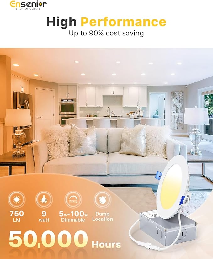 Ensenior 16 Pack 4 Inch LED Recessed Ceiling Light, Dimmable, 3000K Warm White, 750LM 9W 120V, High Brightness Canless Wafer Downlight - ETL&FCC&IC