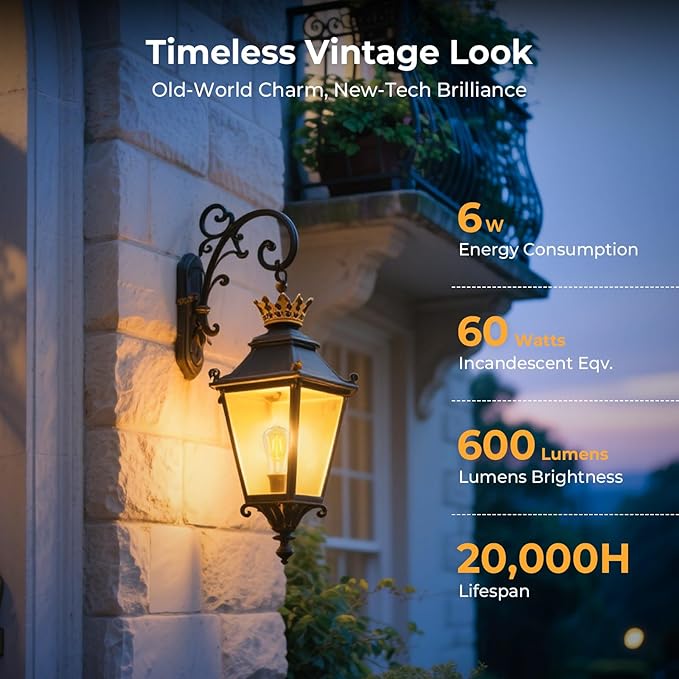 Dimmable E26 Edison Bulbs 2700K Warm White, 6W Equivalent to 60 watt E26 LED Bulb, ST58 Vintage Light Bulbs, 600LM, 90+ CRI, E26 Base, Clear Glass, 18 Pack