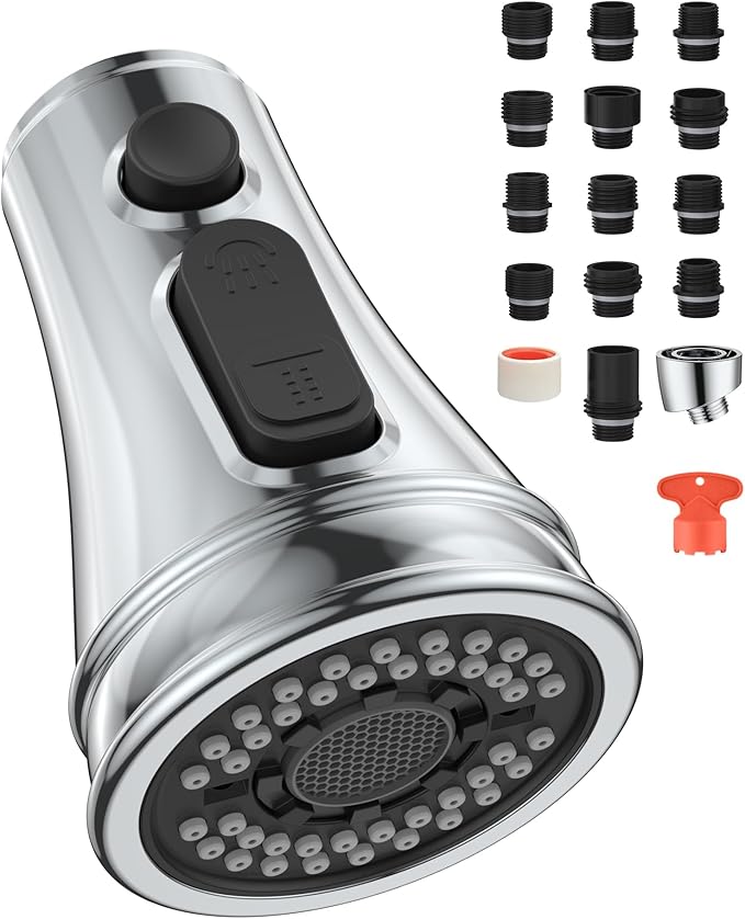 Mbillion Universal Polished Chrome Kitchen Faucet Sprayer Head Replacement – 3-Function Pull-Down Nozzle with 14 Adapters – Fits Moen, Delta, Kohler, WEWE & American Standard