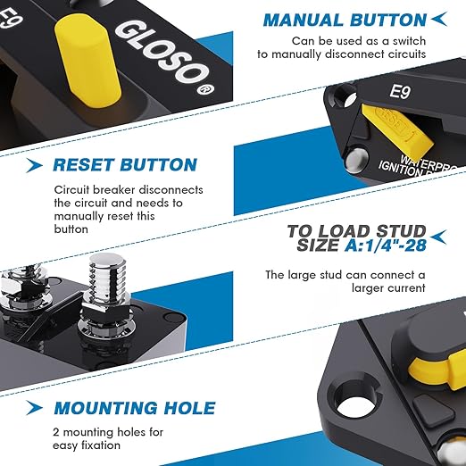 GLOSO Circuit Breaker 80A Marine Panel Mount Automotive RV E9F 90° (1/4" Stud, 80 Amp)