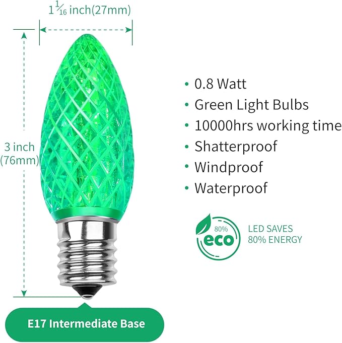 Meconard C9 Led Replacement Christmas Light Bulbs, C9 Shatterproof Led Bulbs for Christmas Indoor Outdoor String Lights, E17 Intermediate Base, Commercial Grade Holiday Bulbs, Green, 25Pack