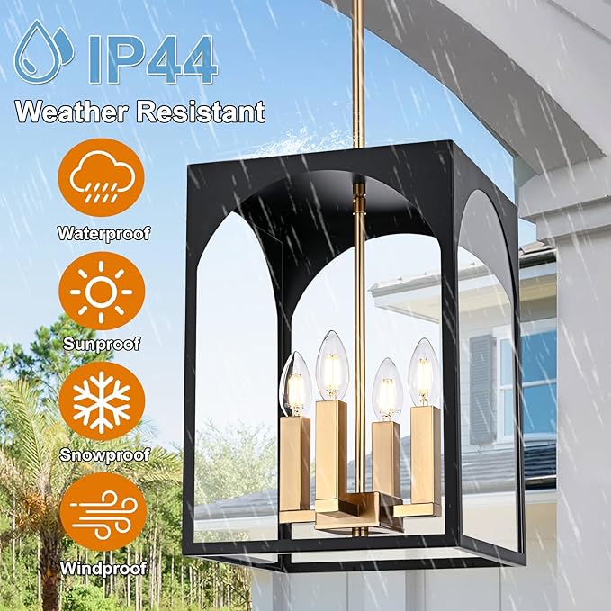 VINLUZ Outdoor 4 Lights in Black and Brushed Brass Finish, Metal Indoor Outdoor Pendant Hanging Lantern Lighting with Clear Glass Shade for Balcony Dining Room