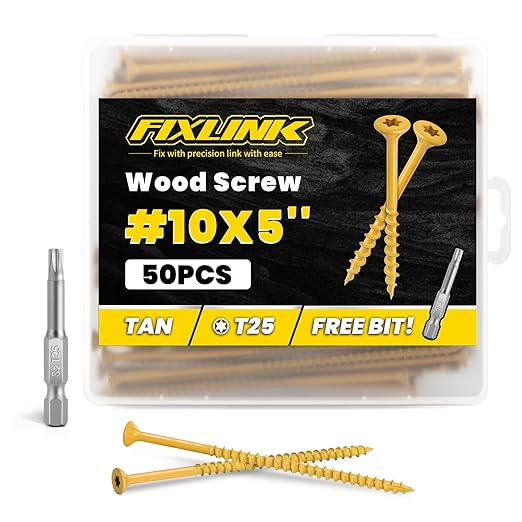 Wood Screws 5 Inch, FIXLINK Deck Screws #10 x 5, 50 PCS, Epoxy Coated, T25 Star Bit Above 1500 Hour Salt Spray Coating Outdoor Decking Screws Excellent Rust Resistant for Wood Fence, Tan