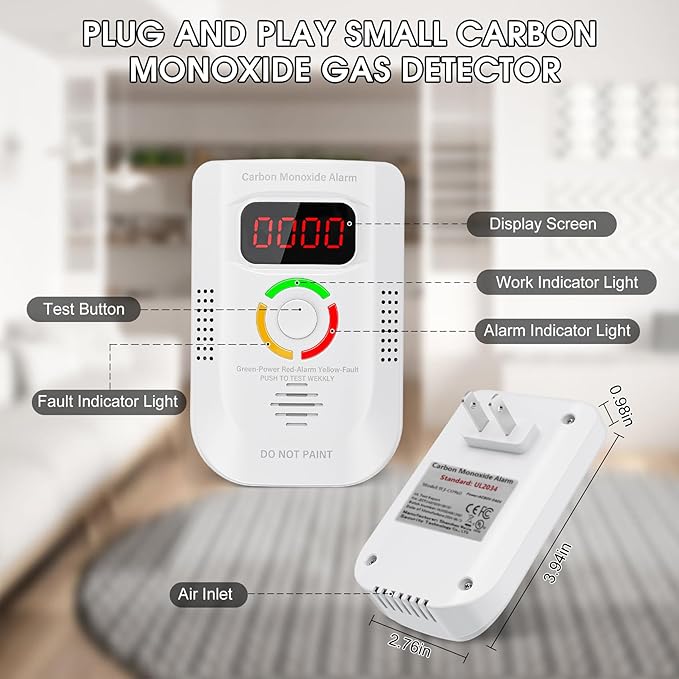 3 Pack Carbon Monoxide Detector, Plug-in Wall Carbon Monoxide Alarm, Portable Carbon Monoxide Detector with Digital Display LED, CO Alarm Monitor with Audible and Visual Alarm Test Mute Button