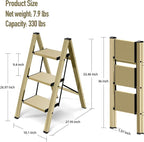 3 Step Ladder,Aluminum Folding Step Stool for Adults,Step Ladder with Wide Anti-Slip Pedal,330 lbs Capacity for Home,Office,Kitchen,Library(Gold)