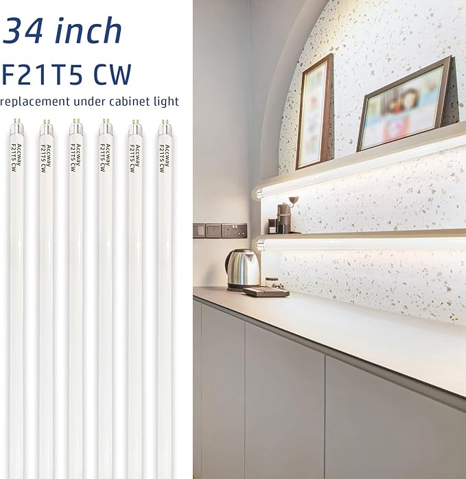 (6pack 34inch F21T5/841 Cool White Fluorescent Light Bulb, 21Watts 4100K T5 Linear Tube Replacement F21W/841/HO,F21T5 CW Full Spectrum CRI85+