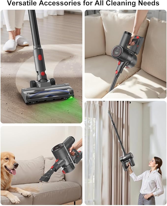 Cordless Vacuum Cleaner, 6-in-1 Lightweight Stick Vacuum with 45mins Runtime, LED Display & Light, Self-Standing, Rechargeable Cordless Vacuum for Carpet, Tile, Pet Hair, Hardwood Floors (Black)