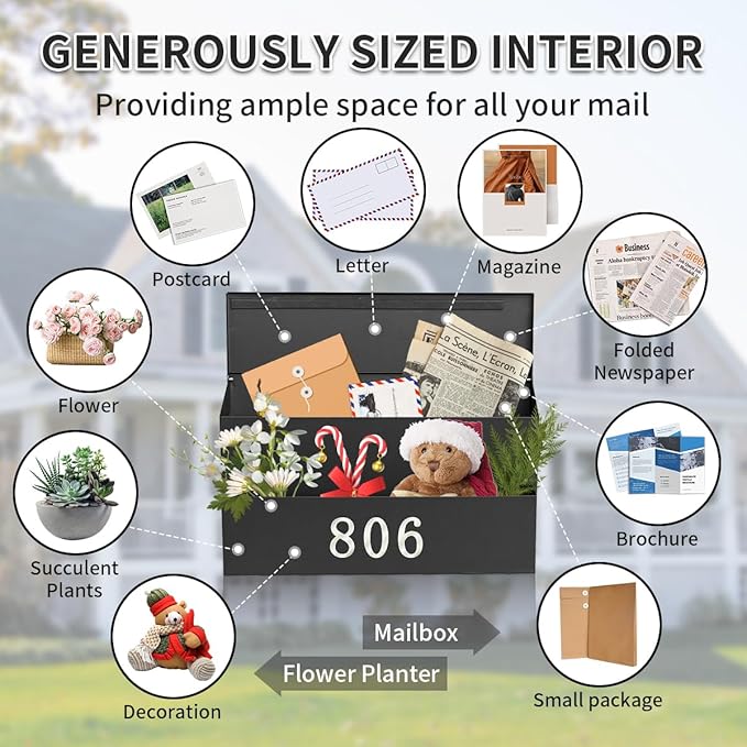 Wall Mount Mailbox, Large Capacity for House, Outside, with 3 Sets of 0-9 Number Stickers & Flower Planter, Galvanized Steel Rust-Proof Metal Post Drop Box, 15.74"×9.84"×6.41" Black