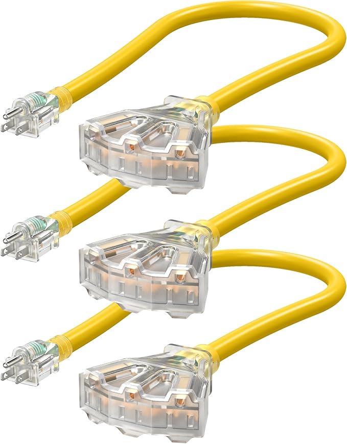 DEWENWILS 2 FT 12/3 Gauge Indoor/Outdoor Tri-Tap Extension Cord Splitter, SJTW 15 Amp Yellow Outer Jacket Contractor Grade Heavy Duty Power Cable with LED Lighted Plug, ETL Listed, Pack of 3