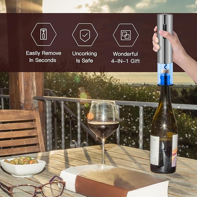 Electric Wine Bottle Opener Set- Silver, Automatic Wine Bottle Opener with Led Light, Rechargeable Corkscrew Kit with Aerator，Foil Cutter，Stoppers