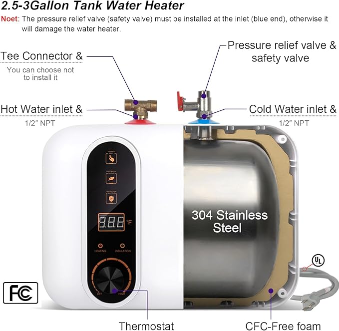 Electric Hot Water Heater 110/120V Small Compact Tank,Rv Tr 2.5-3.0 Gallon Trailer 1440-1500W Kitchen Instant Under Sink Counter Cupboard, Food Truck 2 PCs 16” Long 1/2”FIP Stainless Steel Hose 11L