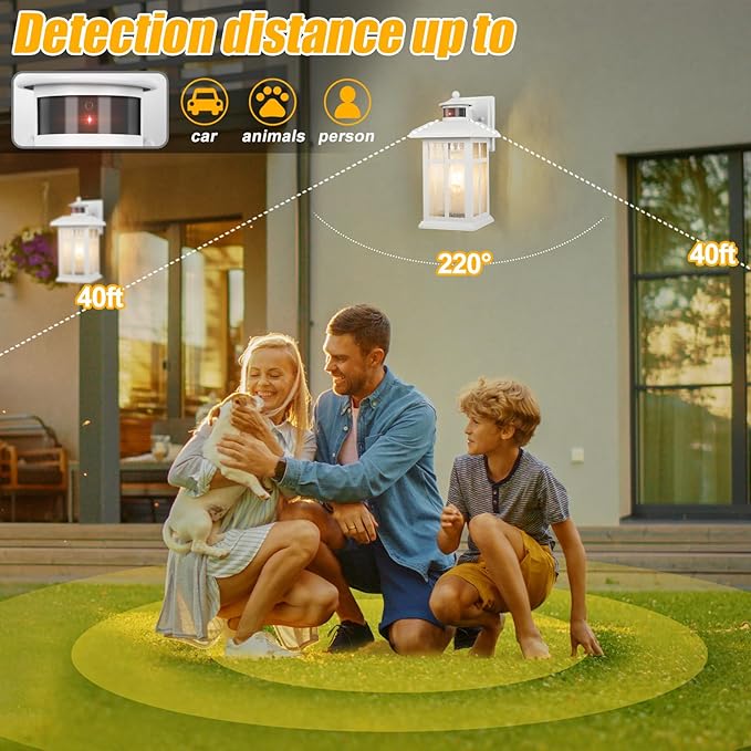 Dawn to Dusk Motion Sensor Wall Light Fixtures - White Wall Mount with E26 Sockets & Tempered Glass, Waterproof Outdoor & Indoor Lights for House, Porch, Garage, Door