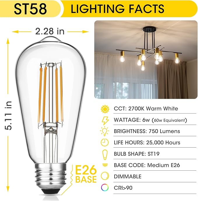 Vintage LED Edison Bulbs, 6W, Equivalent 60W, Dimmable, Warm White 2700K, ST58 Antique LED Filament Bulbs with 90+ CRI, E26 Medium Base, Clear Glass, 8 Count (Pack of 1)