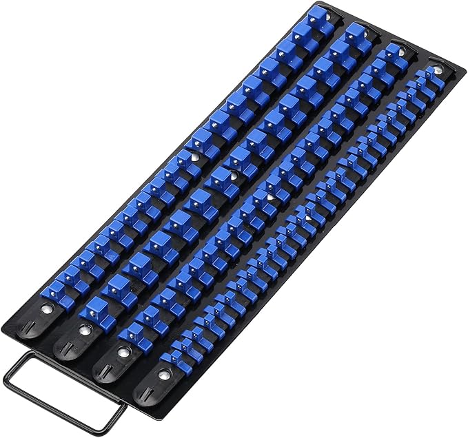 CASOMAN 80-Piece Heavy Duty Socket Organizer Tray, 1/4-Inch, 3/8-Inch, 1/2-Inch,Premium Quality Socket Holders,Black Rails with Blue Clips, Best Unique Tool Gift for Men