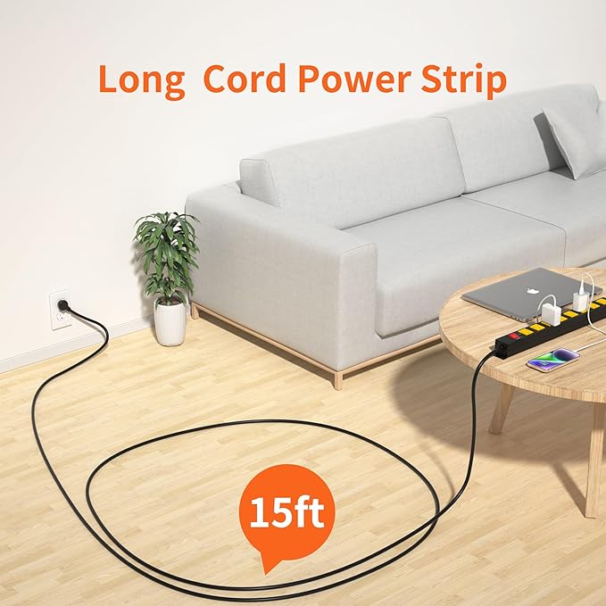 Heavy Duty Surge Protector 8 Outlet Long Power Strip Extension Cord Wide Spaced and Wall Mount Metal Powerstrip for Home Office Workshop Garage (15FT)