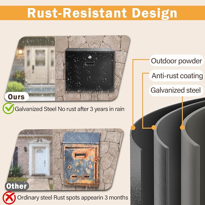 Wall Mount Mailbox, Black Powder Coated Steel, Locking Security Mailbox for Letters and Parcels, 14 x 3.8 x 12.5 Inches