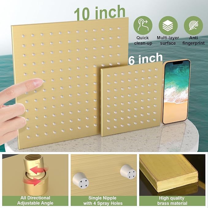 Enga 10 Inch + Dual 6-Inch Rain Shower System, Four Modes Diverter Shower Faucet with Handheld, Luxury Rain Mixer Shower Combo Set, Brushed Gold