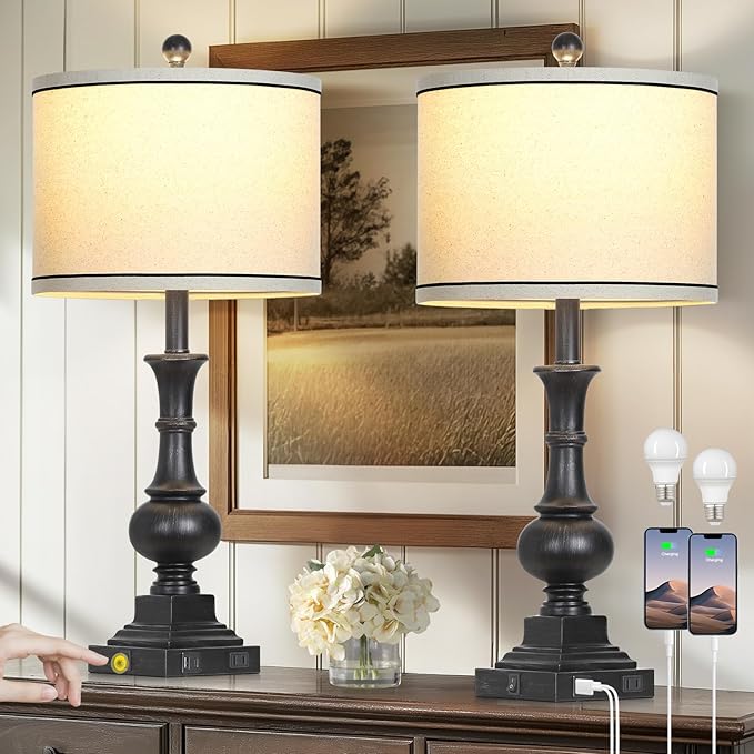 Farmhouse Lamps Set of 2, Vintage Rustic Black Table Lamps with USB A+C Fast Ports & AC Outlets, Traditional Nightstand Bedside Lamp for Living Room Bedrooms Home Office(2 LED Bulbs Included)