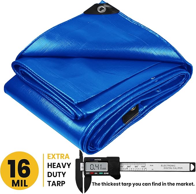 PROTARP Extra Heavy Duty 16 Mil Tarp Cover, Waterproof, UV Resistant, Rip and Tear Proof, Poly Tarpaulin with Reinforced Edges for Roof, Camping, Patio, Pool, Boat. (Blue 24′ X 64′)