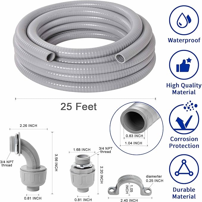 (3/4" Dia * 25 Feet) Yariwiz Flexible Electrical Conduit Liquid Tight PVC Conduit Kit with 3 PCS Coupling, 3 PCS Elbow and 7 PCS Strap, Sealtight Seal Flex Liquidtight Wire Outdoor Non Metallic Grey