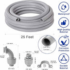 (3/4" Dia * 25 Feet) Yariwiz Flexible Electrical Conduit Liquid Tight PVC Conduit Kit with 3 PCS Coupling, 3 PCS Elbow and 7 PCS Strap, Sealtight Seal Flex Liquidtight Wire Outdoor Non Metallic Grey