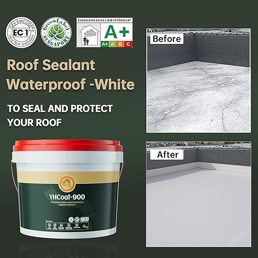 1 Gallon White Waterproof Elastomeric Roof Coating Sealant, Flexible Solar Reflective Liquid Waterproofing Adhesive for Flat, Metal, Slope Roofs Repair 4KG