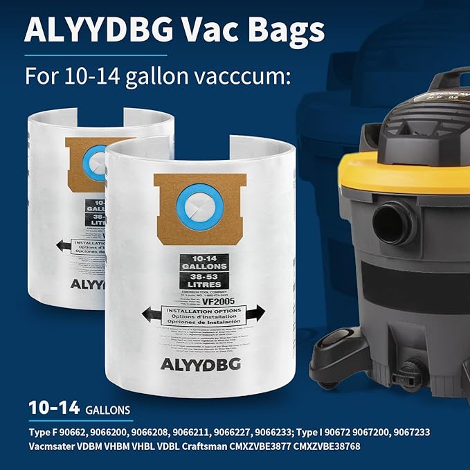 3 Pack Shop Vac 10-14 Gallon Bags. ALYYDBG Type F 90662 9066200 9066233, Type I 90672 9067200 9067233, VF2005, CMXZVBE3877, CMXZVBE38768 Disposable Dust Bags