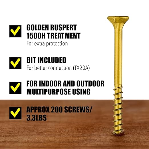 #10 x 3’’ Wood Screws by Grindy (200pack/3.3LBS) – Self-Drilling Deck Screws I Rust Resistant I Quick Drive & Fast Grip I for Cabinet, Furniture & Other Projects I T25 Star Drive I Bit Included