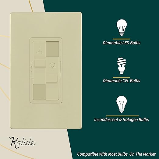 TOPGREENER Kalide Combo Dimmer Switch with 3-Speed Fan Control, Light and Fan Combination Switch, Single Pole, 2.5A, 200W LED/CFL, Neutral Wire Not Required, TGDSFS3-I, Ivory