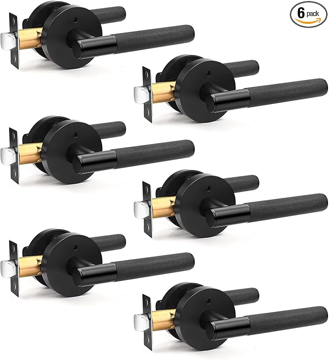 6 Pack Black Door Handles with Lock, Keyless Privacy Door Lever for Bedroom and Bathroom, Modern Knurled Reversible Handle Lever