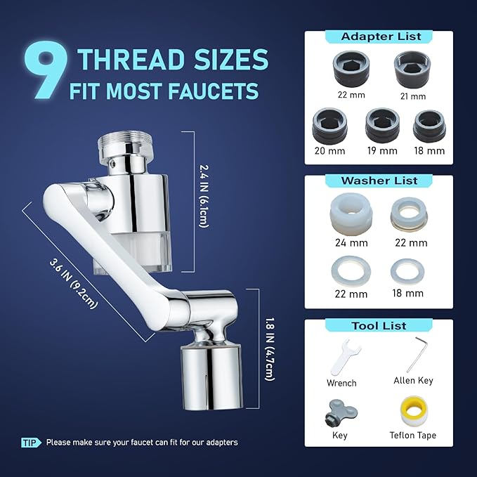 ATQ Water Filter for Sink Faucet Extender Aerator, Reduce Chlorine 1080° Rotating 2 Modes Spray Attachment for kitchen/Bathroom/Toddlers, 9pcs Filter (Aerator1080)