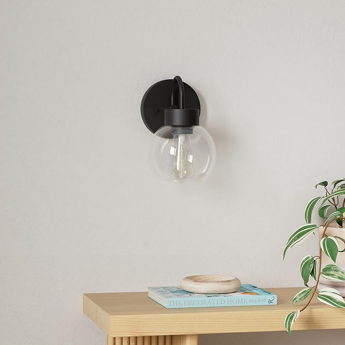 EAPUDUN 1-Light Matte Black Bathroom Light Fixtures Over Mirror, Vanity Lights with 1 Globe Clear Glass Shades, Industrial Style Wall Sconces, WLA1433-MBK