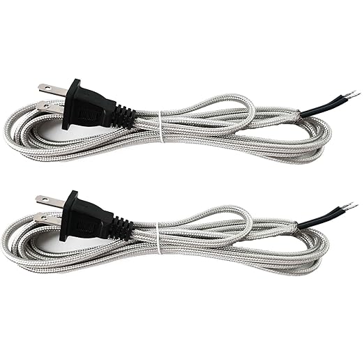 8 Feet Rayon Cloth Covered Replacement Lamp Cord with End Plug for Antique Lamp Repair DIY Project, SPT-1 Electric Wire,18 AWG, Stripped Ends,2 Pack,Silver Color