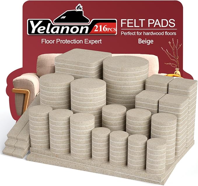 Yelanon Felt Furniture Pads for Hardwood Floors -216 Pcs Premium Felt Pads for Chair Legs, Floor Protectors for Furniture,Beige