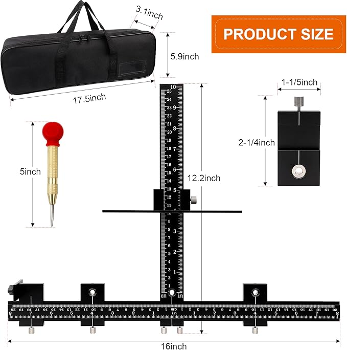Cabinet Hardware Jig Tool - Adjustable Drill Template for Handles & Pulls on Drawers/Doors | All Aluminum Alloy with Center Punch & Carrying Bag