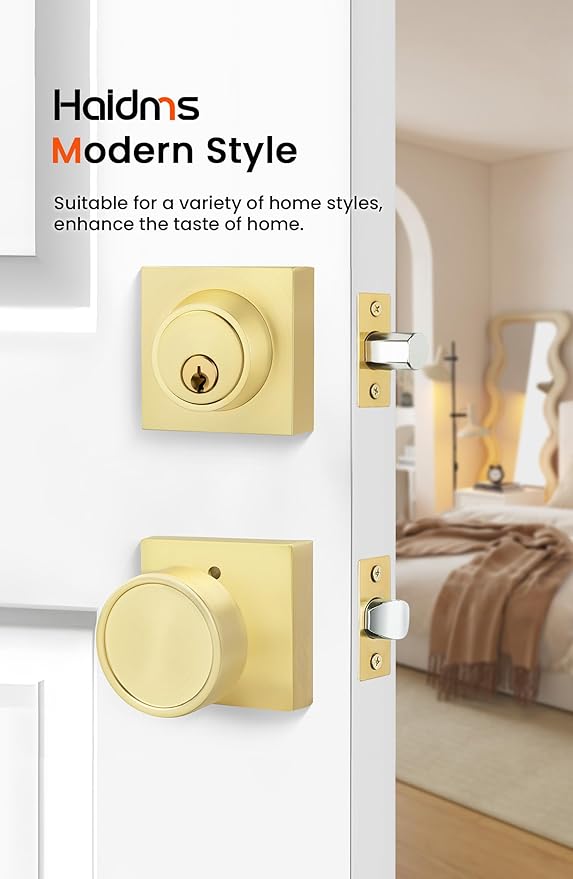 Haidms Brushed Gold Door Knob with Deadbolt, Zinc-Alloy Gold Exterior Door Knobs, Heavy Duty Brass Front Door Knob and Deadbolt Set(2 Pack)