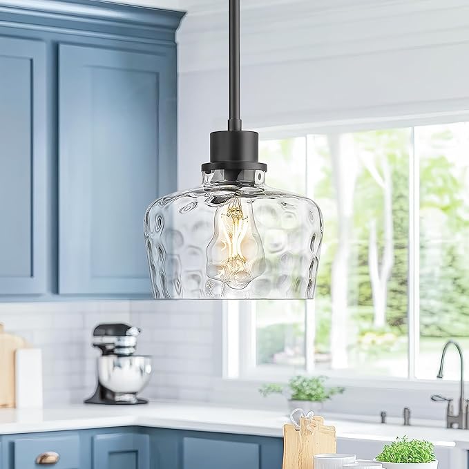 Emak 8 Inch Pendant Lights Kitchen Island, Black Pendant Light Fixtures with Hammered Glass Shade, Modern Farmhouse Island Lights for Kitchen, PL122-BK-HG