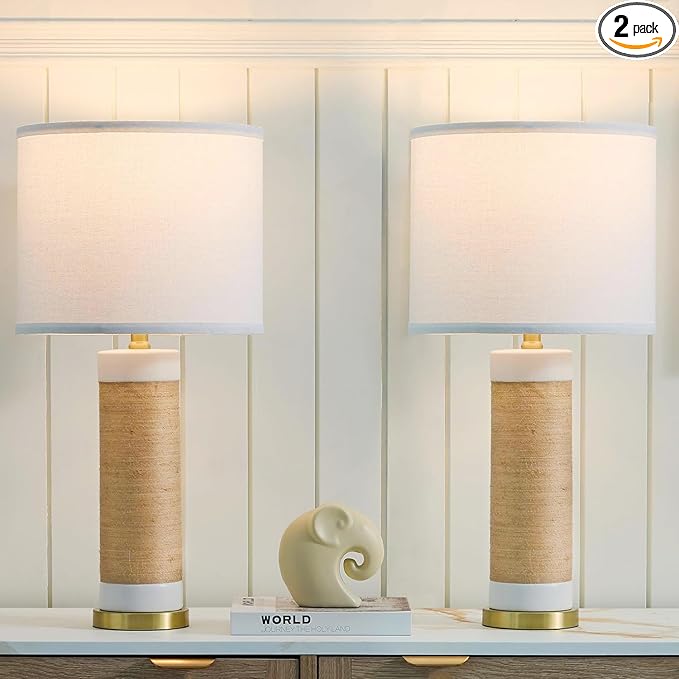 25.75” Rattan Ceramic Lamps for Living Room Set of 2, Farmhouse Table Lamp for Nightstand, White Lamps Set of 2 for Bedroom, Boho Ceramic Table Lamp for End Table