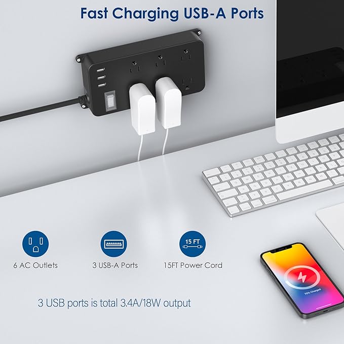 Outdoor Power Strip Weatherproof with USB,Waterproof Surge Protector,3 USB Ports, 6 Outlets,Multi Plug Electrical Outlet for Camping,Garden,Home Office Patio Porch,etc,15FT Cord,Flat Plug