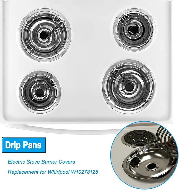 Drip Pan Electric Stove Burner Covers for Whirlpool W10278125, 4 Pack(2x6" and 2x8")