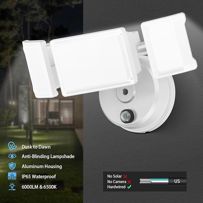 Olafus 60W Flood Lights Dusk to Dawn Outdoor Lighting, IP65 Waterproof LED Security Light with Photocell, 6000LM Dusk Dawn Outside Light, 6500K White Exterior Floodlight for Yard Garden Porch White