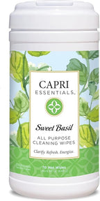 Capri Essentials All Purpose Cleaning Wipes, Natural Household Cleaning Supplies, Bathroom and Kitchen Cleaner with Essential Oils, Almond Oil, Eucalyptus & Peppermint, Sweet Basil Scent, 70 Wet Wipes