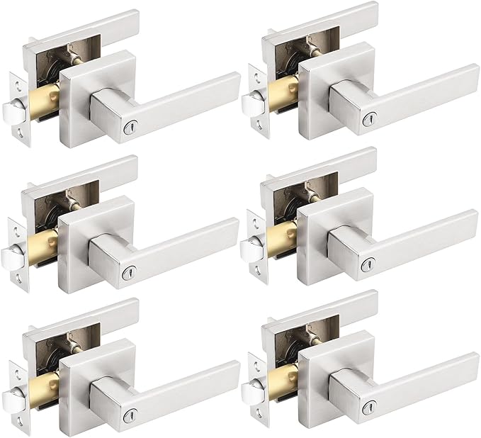 Gobrico Pack of 6 Square Door Handles Levers, Bedroom and Bathroom Privacy Locks Satin Nickel Finished, Keyless Interior Door Locksets Door Knobs