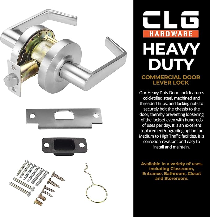 CLG HARDWARE Commercial Lever Door Lock - Heavy-Duty Locking Door Handle, Designer Door Handles, Cylindrical Lever Lock, Non-Handed Grade 2 Industrial Door Handle, 26D Satin Chrome, Passage/Closet