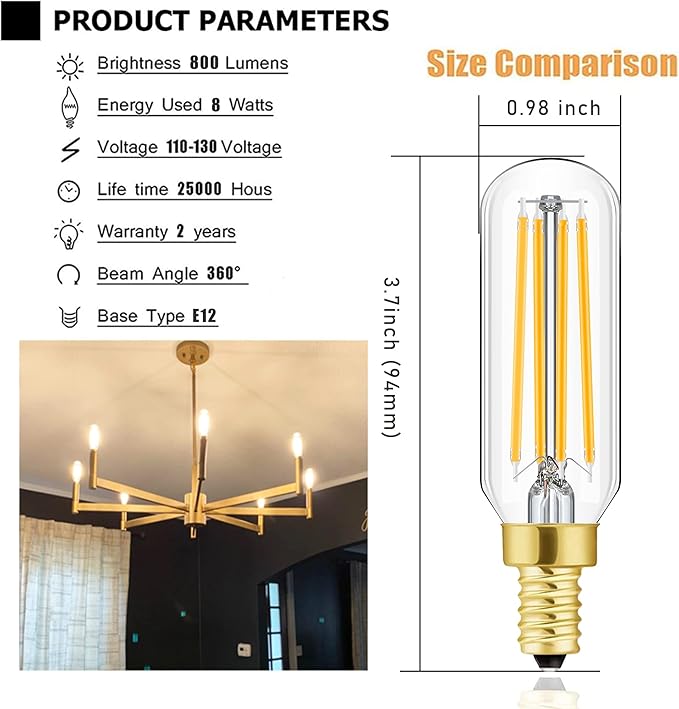 Dimmable E12 Led Bulbs 100W T6 Candelabra Light Bulb Soft White 3000K E12 Edison Bulbs 8W Vintage LED Filament Edison Candle Bulb 800lm, 6Pack