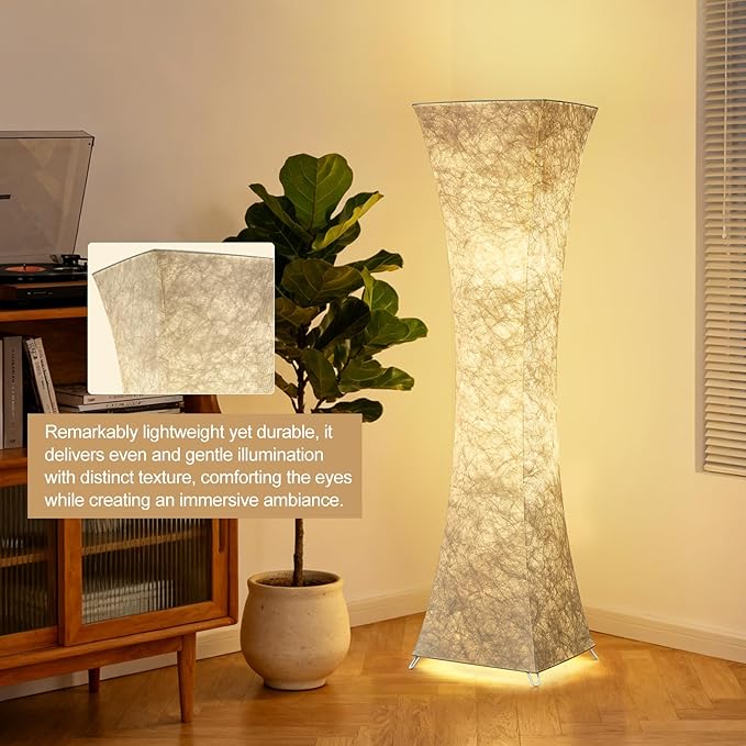 GyroVu Floor Lamp for Living Room, 47“ 3-Color Temperature Standing Corner Floor Lamps, Modern Column Floor Light with White Fabric Shade for Bedroom, Home Office, Kids Room, 2 Bulbs Include