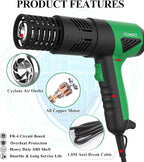 1800W Industrial Heat Gun, Fast Heating 122℉-1202℉ Variable Temperature Control Overheat Protection 2 Speed Air Flow with 4 Nozzles for Crafts, Shrinking Tubing, Vinyl Wrap (SG-1004)