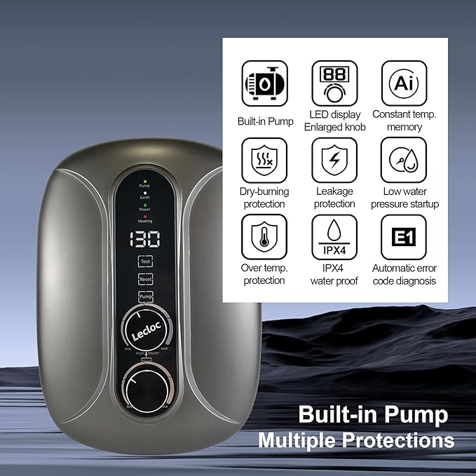 E65 Pro Pump-integrated Tankless Electric Water Heater 6.5kW 240V, LED Temp. Display with Big Knob Control, IPX4, Multi-protection, 1 Point of Use, 86-131℉ On Demand Under Sink Hot Water Heater